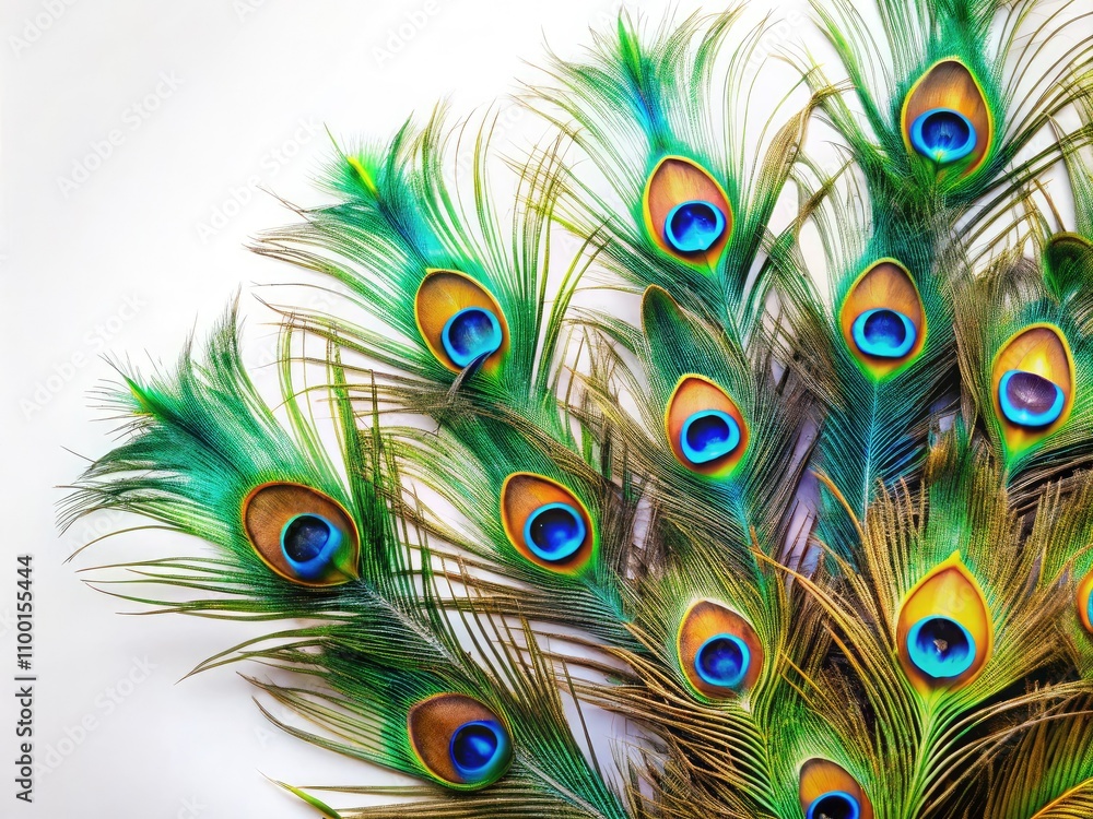 Obraz premium Vibrant peacock feathers on a white backdrop, perfect for creative projects, nature-themed artwork, and stylish decorative purposes, showcasing the beauty of natural designs.