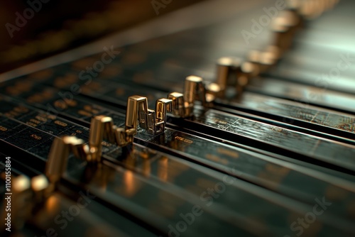 A row of knobs on a sound board with the letters A, B, C, D, E, F, G, H, I, J, K