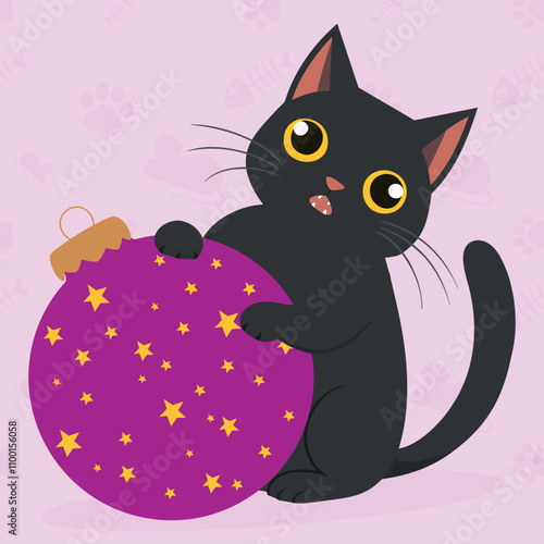 Funny xmas cat sitting with christmas toy. Cute cartoon cool christmas character. Portrait of adorable little stray cat. Vector illustration character design with flat color.