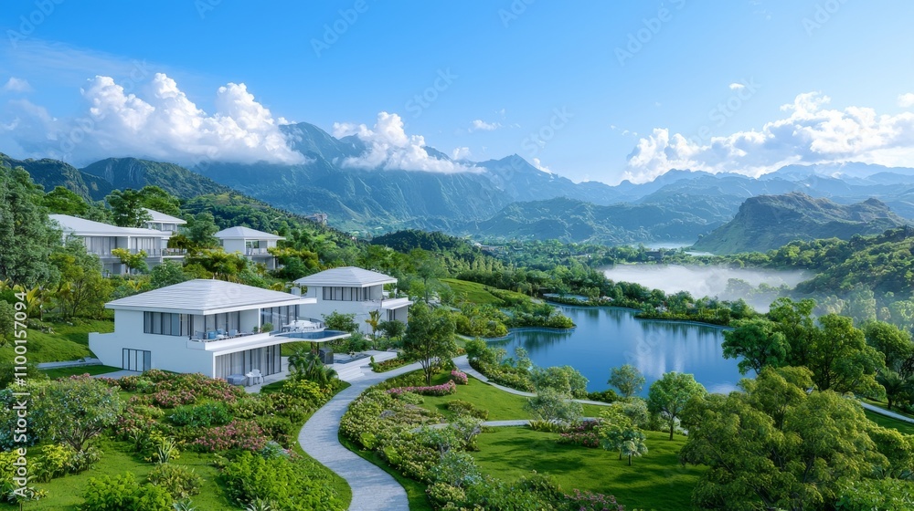 Fototapeta premium A sustainable eco-resort with green roofs and water features, set in a foggy environment, designed to be eco-friendly.