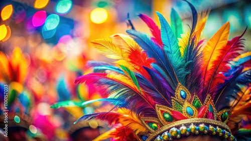 Vibrant tilt-shift photography captures a colorful feather headdress, embodying Notting Hill Carnival's cultural heritage, festive energy, and artistic expression in striking hues. photo