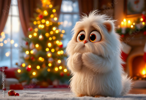 a cute, adorable baby abominable snowman holiday creature character, with fluffy fur and a playful smile, brings festive joy and charm to any holiday scene with its lovable appearance