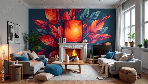 Cozy living room autumn teal orange leaves fireplace modern design warmth comfort
