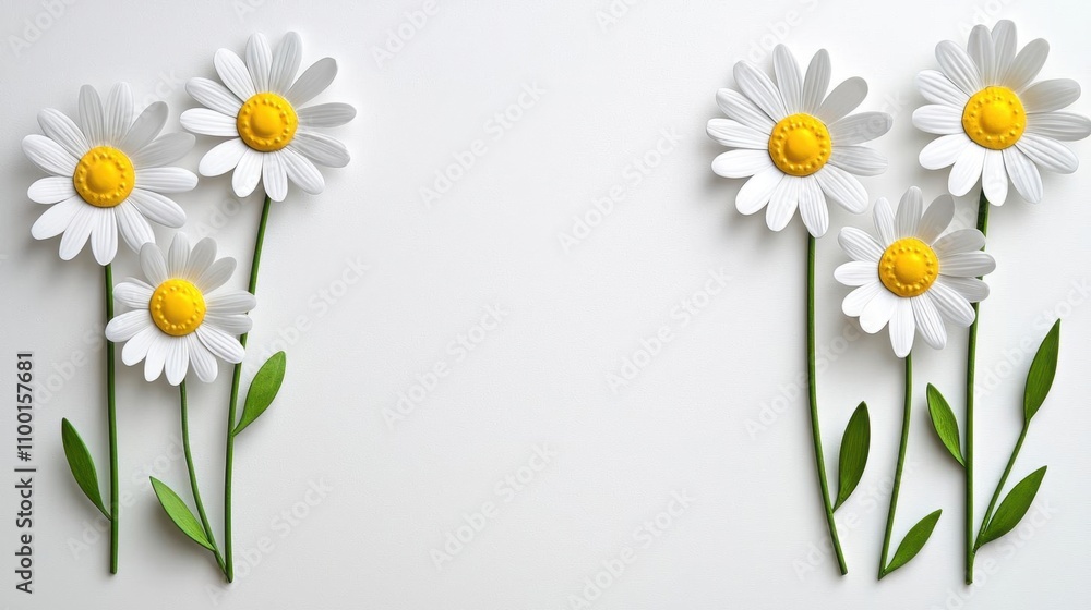 Fototapeta premium A photostock of a bright daisy chain with white petals and yellow centers, arranged in a circular pattern on a white background. High Quality