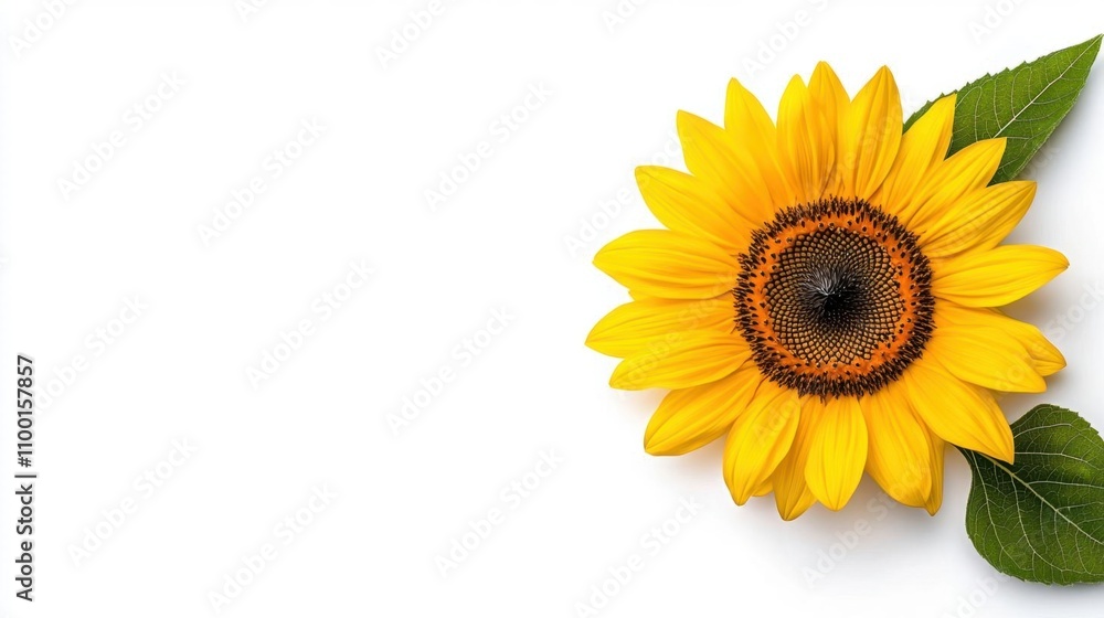 Obraz premium A photostock of a bright yellow sunflower, fully bloomed, isolated on a clean white background, cheerful and vibrant. High Quality