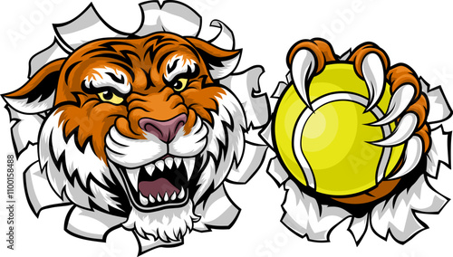 A tiger with a tennis ball sports team animal cartoon mascot