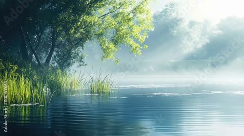 Soft light reflecting on calm water, creating a peaceful and serene scene