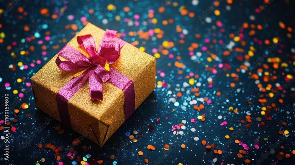 Obraz premium Golden gift box with pink ribbon amidst confetti splash.