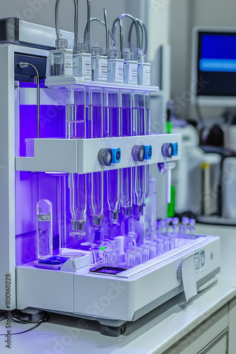 Pharmaceutically  medicine concept. Laboratory equipment with illuminated test tubes and a modern design. photo