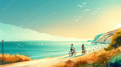 Two people riding bikes on a beach