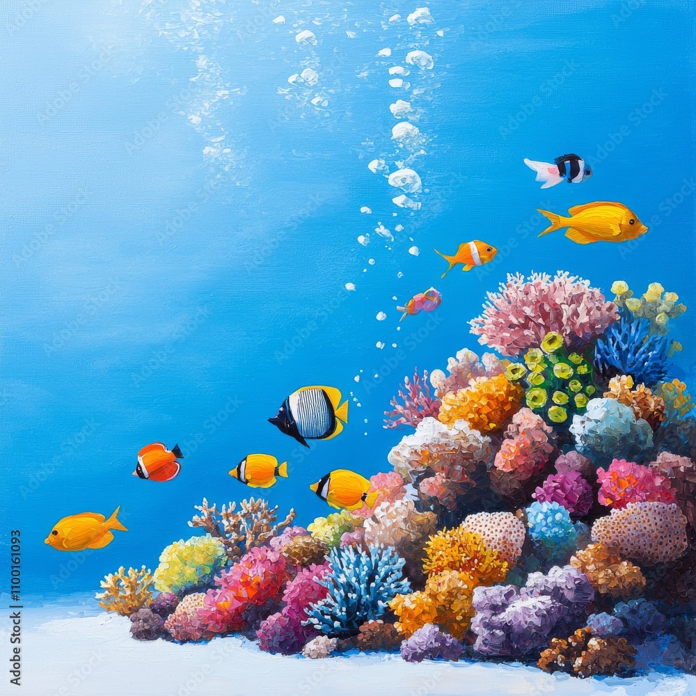 Obraz premium A bustling underwater coral reef, alive with vivid fish, brilliant corals, and sunlight streaming through the water, highlights the splendor of marine life.