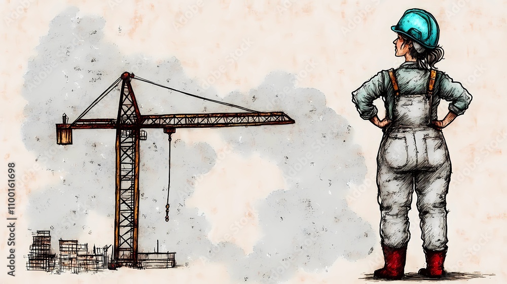 Naklejka premium Worker in a yellow safety helmet holding blueprints at a construction area, highlighting project execution and on-site coordination