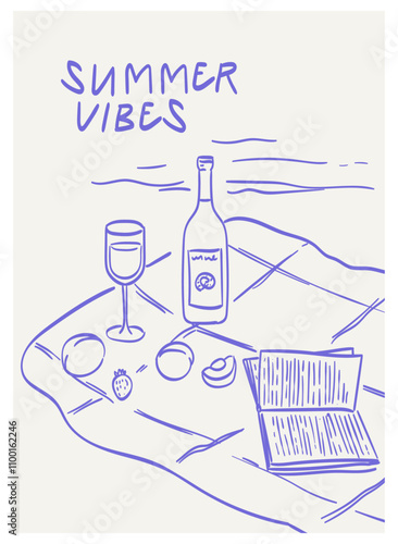 Summer vacation banner, placard or poster. Picnic on the beach near the sea with food, wine and books in vintage doodle line art style. Hand drawn summer party invitation or greeting card.