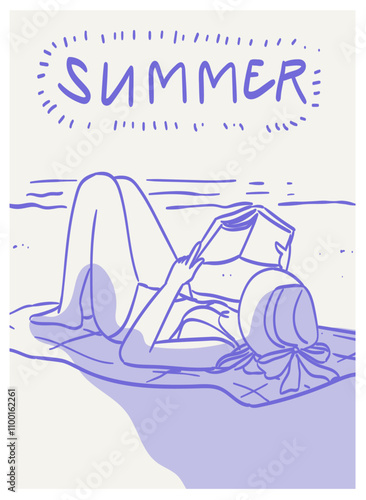 Woman on beach read book and enjoy her vacation. Italian or Spanish summer holidays poster, placard or banner in trendy line doodle ink style. Hand drawn woman in swimsuit sunbathing and relaxing.
