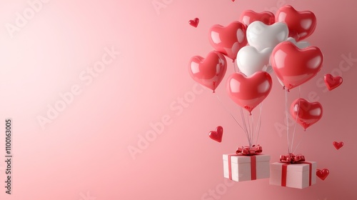 Floating heart balloons with gifts on soft pink canvas photo