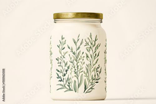 Beautifully Designed Jar with Greenery Illustrations and a Gold Lid on a Neutral Background