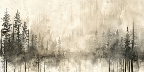 Soft linear textured wallpaper design featuring a serene forest landscape