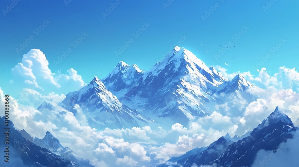 Obraz premium 41. A panoramic view of snowy mountains with fluffy clouds floating beneath the peaks