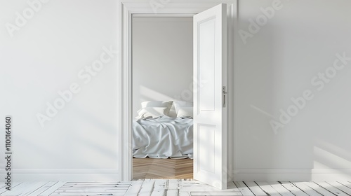 A view through an open white door into a serene bedroom with a neatly made bed and soft lighting.