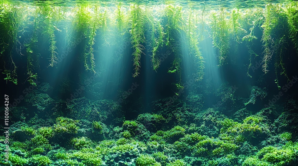 Fototapeta premium Sunlit underwater greenery: submerged plants and rocks in brilliant sunlight