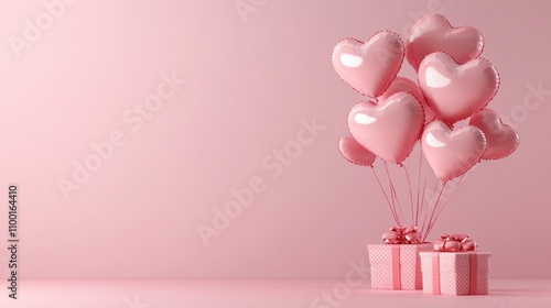 Group of light pink heart balloons with gifts below