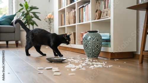 Sleek black cat knocking over vase in modern living room setting