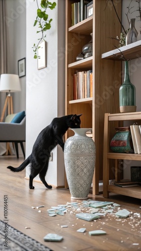 Sleek black cat mid-swipe on bookshelf with broken pottery