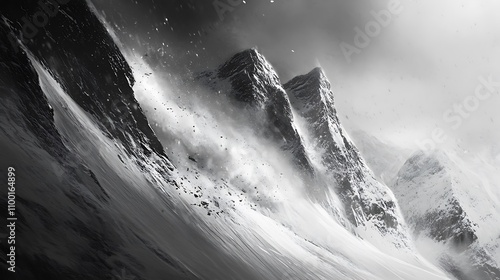 37. A dramatic avalanche cascading down a steep snowy mountain face