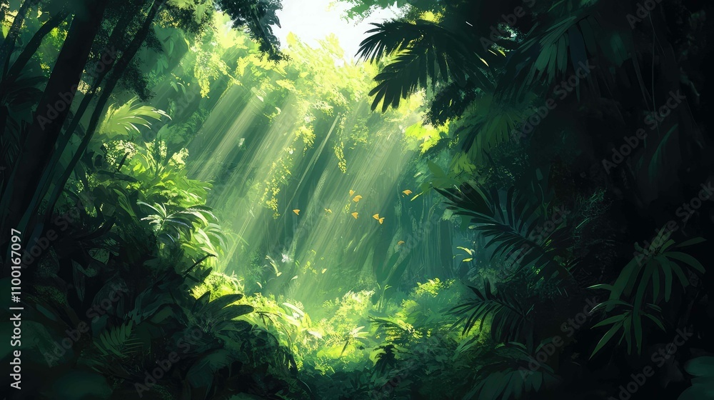 Obraz premium Sunlight filtering through dense jungle trees, highlighting vibrant green foliage with subtle beams