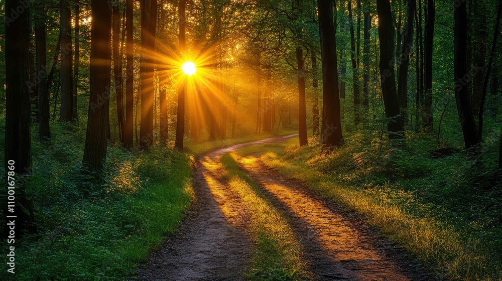 Obraz premium Sunset rays beaming through thick, shadowed trees, illuminating a winding forest path