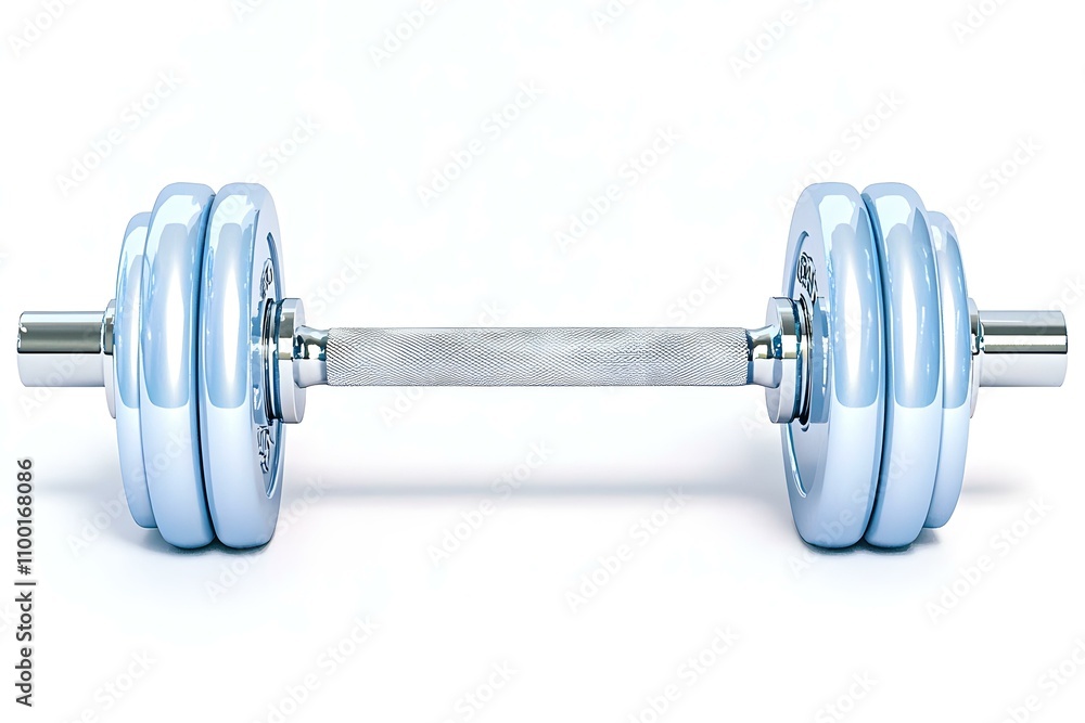 Obraz premium Shiny chrome dumbbell resting on a clean white surface ideal for fitness and bodybuilding concept