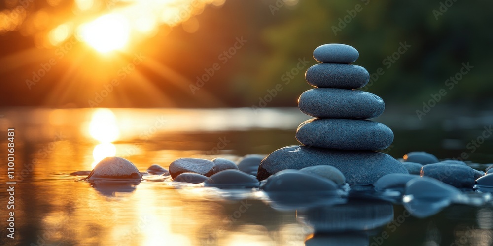 Obraz premium This image beautifully captures a serene scene at sunset featuring a smooth stack of stones balanced perfectly by a tranquil riverside setting