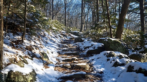 15. Snow-covered rocks along a mountain trail leading to a high summit