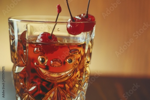 A glass filled with a refreshing drink and garnished with two cherries, perfect for a summer evening or as a treat any time of the year photo