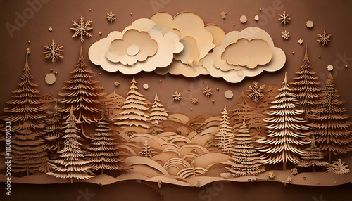 Design paper cut greeting card. Paper cut clouds, pine, fir and Christmas decorations 