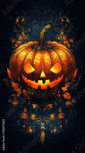 Ornate Halloween Pumpkin Glowing Darkly Against Floral Design photo