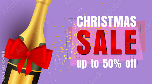 Christmas Sale design with well-decorated champagne bottle and yellow confetti coming on purple background. Up to fifty percent lettering can be used for posters, leaflets, announcements