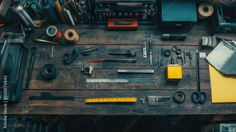 Fototapeta premium Arrange of Crafting Tools on a Rustic Wooden Workshop Table