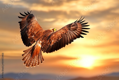 A magnificent eagle soaring over a canyon, with wings fully spread and the landscape bathed in golden light photo