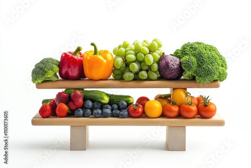 Fototapeta Naklejka Na Ścianę i Meble -  A colorful display of fresh fruits and vegetables on wooden shelves, perfect for a farmer's market or kitchen setting