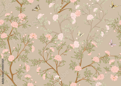 Blossom trees with flowers and butterflies. Seamless pattern, background. Vector illustration. In Chinoiserie, japandi, botanical style