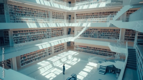 A large library with many bookshelves and a person standing in the middle of the room. Scene is peaceful and quiet, as the person appears to be alone in the vast space