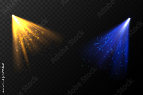 Dynamic golden and blue glowing spotlights with sparkling particles on a transparent background, perfect for festive, theatrical, or abstract designs