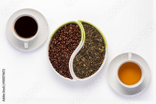 Blank photography of black coffee and green tea, caffeine, americano, espresso, coffee beans, herb tea, choice of drink; choose; natural drink