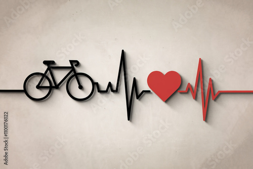 ilustración de un electro cardiograma que comienza con una figura de una bicicleta y termina con un corazón. Conceto deporte y salud.  Generado con IA