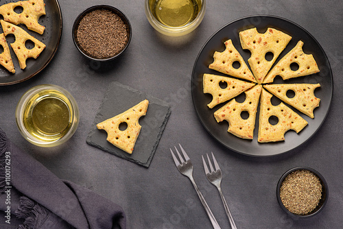 Food photography of homemade cheese biscuits with cider, caraway seed, herbs, savoury cookies, bakery, baking, pastry, carbonated drink