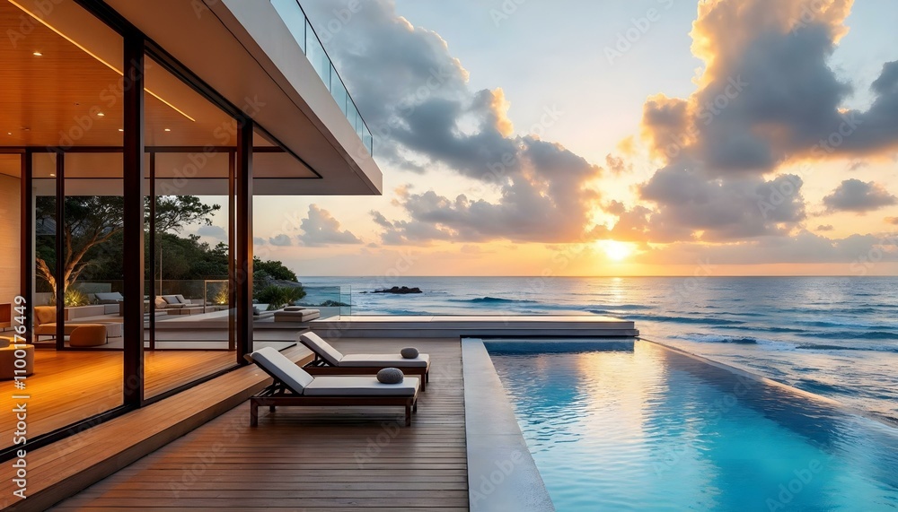 Fototapeta premium A contemporary beachfront house with large glass walls overlooking the ocean. The design incorporates open spaces, a wooden deck with lounge chairs