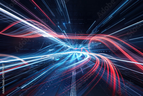 Fondo con luces de colores azules y rojas sobre fondo negro. Generado con IA