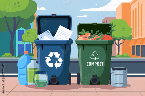 Ilustración de cubos de basura. Generado con IA