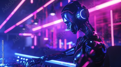 Futuristic DJ robot with headphones, mixing songs on a turntable in front of a stage lit with neon lights and bright colors.style with glowing effects. photo